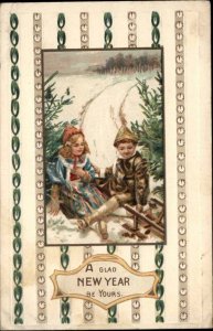 New Year Little Boy and Girl Sledding Clock Border c1910 Vintage Postcard