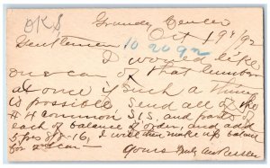 1892 Balance of Order Grundy Center Iowa IA Clinton IA Posted Postcard 