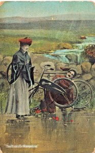 THE WHEEL OF MISFORTUNE-BICYCLE ROMANCE FLAT TIRE~POSTCARD PMK SCOTSTOWN IRELAND