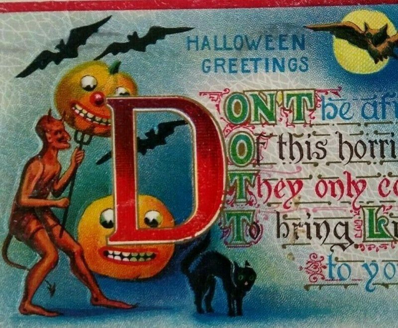 Halloween Postcard Devil Bats Gothic Black Cat Rat HIR 142 Original Malden Ma