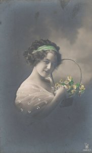 RP: Portrait of Girl & Basket of Flowers , 1900-10s