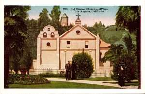 Historic Old Mission Church Plaza Cross Man Los Angeles California CA Postcard 