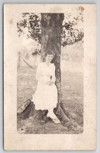 RPPC Pretty Edwardian Woman in White at Tree Myra Cole Postcard D27