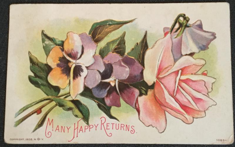 Postcard Used “Many Happy Returns” embossed Flowers LB