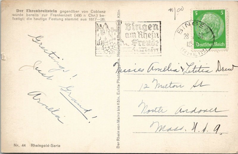 RPPC Ehrenbreistein Fortress Rheingold 1938 Bingen to Andover Mass Postcard W4