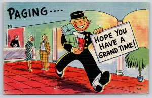 Comic Pun~Paging Have A Grand Time~Man In Hotel Lobby Carrying Gifts~1940s PC