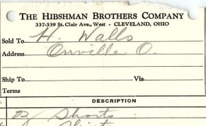 1938 THE HIBSHMAN BROTHERS COMPANY CLEVELAND OH BILLHEAD INVOICE Z2499