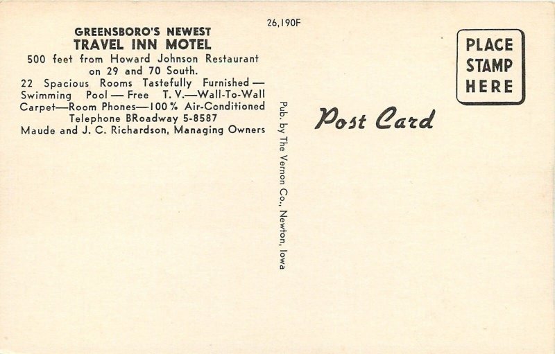 Greensboro North Carolina~Travel Inn Motel~1950 Linen Roadside~Cars~Postcard
