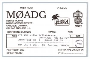 Postcard QSL CB Ham Radio Amateur Card From England U.K. MØADG 