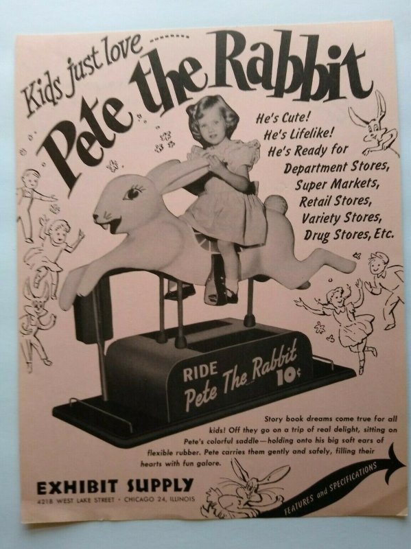 Exhibit Pete The Rabbit Arcade FLYER Original Kiddie Amusement Ride 1952 Rare