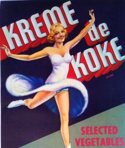 Kreme De Koke Fruit Crate Label Ice Figure Skating Lady Original Vintage 1940's