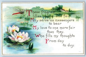 Water Lilies Flowers Postcard Dragonfly Message Embossed Rochester MN 1917
