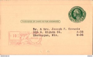 US Postal stationery 1c School of Medicine Milwaukee to Sheboygan 1952