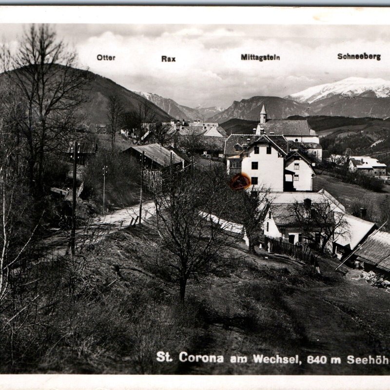 c1930s St. Corona am Wechsel, Austria RPPC Mountain Village Church Alps A337