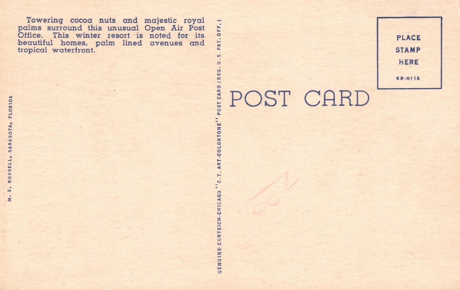 Vintage Postcard 1930's Royal Palms & Open Air Post Office Ft. Myers