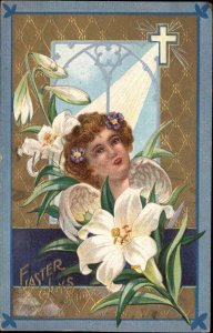 Easter Little Girl Angel Lily Border Christianity c1910 Vintage Postcard 