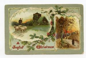 Joyful Christmas Shepherd & Sheep Vintage Postcard