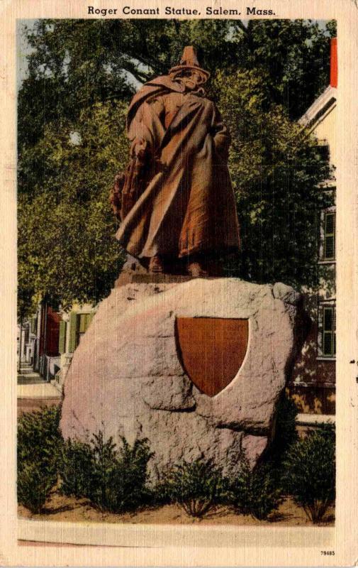 Roger Conant Statue, Salem Massachusetts Vintage c1953 Linen Postcard F23