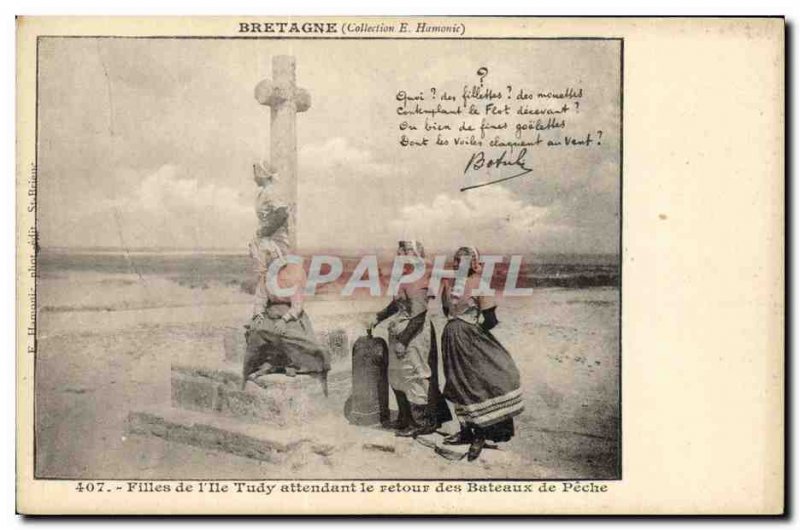 Old Postcard Brittany Folklore Botrel Daughters of & # 39Ile Tudy awaiting th...