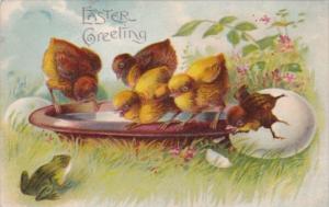 Easter Greetings Frog Watching Young Chicks 1910