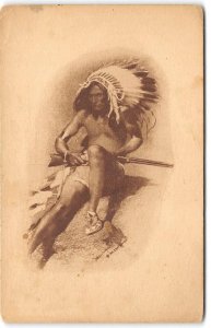 Native American Indian Chief & Rifle Artist-Signed 1910s Antique Postcard