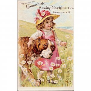 The HOUSEHOLD Sewing Machine Co -Providence R.I.- Girl Dog Victorian Trade Card