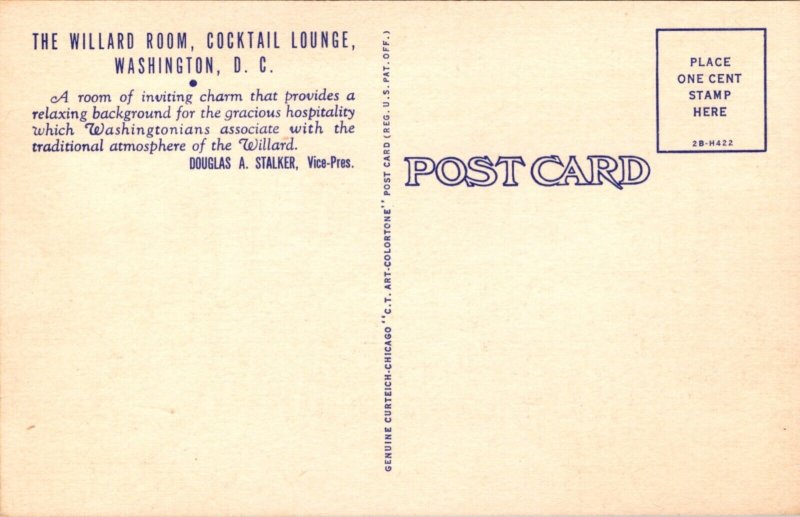 Linen Postcard Willard Room Cocktail Lounge Willard Hotel in Washington D.C.