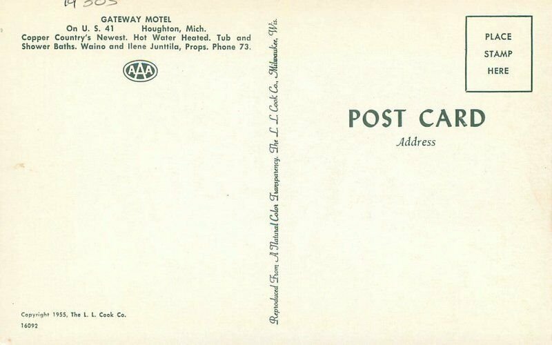 Houghton Michigan Gateway Motel US 41 Cook roadside Postcard autos 21-5351