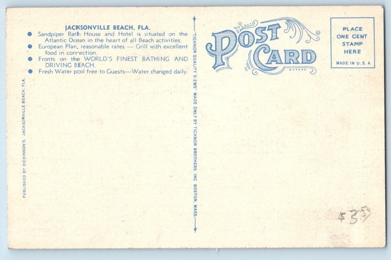 Jacksonville Beach Florida FL Postcard Sandpiper Bath House Hotel c1940 Vintage