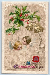 John Winsch Signed Postcard Christmas Greetings Angels Ringing Bell Berries 1910