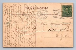 TRAIN 1909 NEW YEAR GREETINGS HOLIDAY EMBOSSED POSTCARD 1908