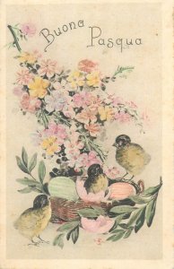 Easter greetings postcard 1930 Italy drawn chicks & blossom flowers fantasy 