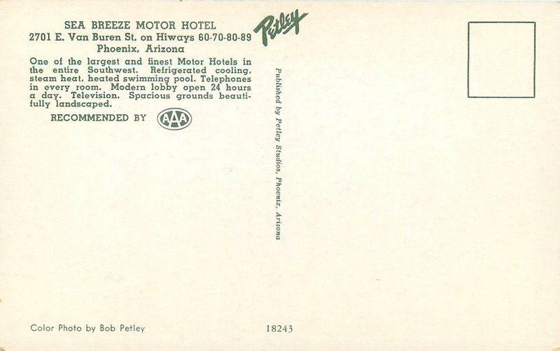 1950s Phoenix Arizona Sea Breeze Motor Hotel roadside Petley postcard 11025 pool