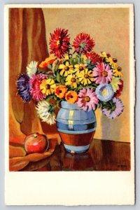 Flowers~Blue Vase With Red Yellow & Orange Flowers Painting~Vintage Postcard