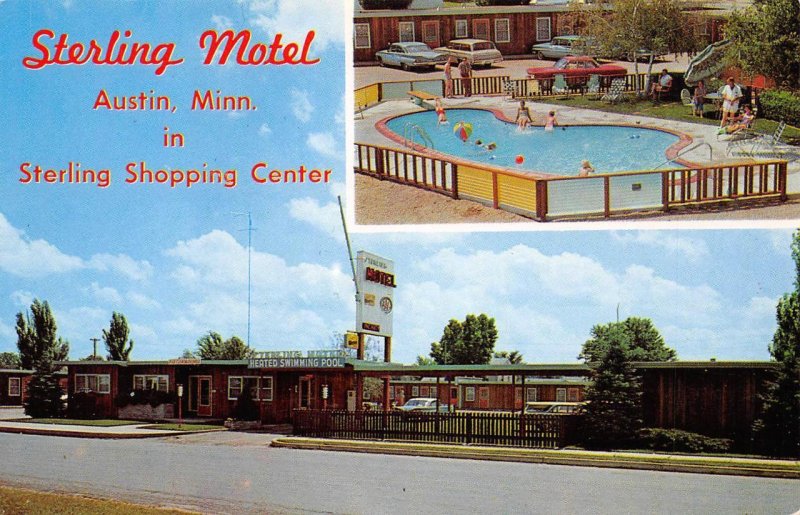 STERLING MOTEL Austin, Minnesota Roadside Swimming Pool c1960s Vintage Postcard