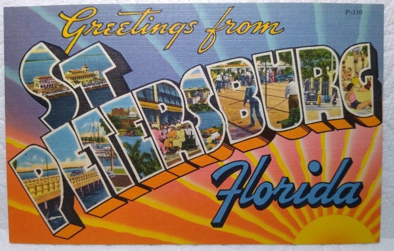 Greetings From St Petersburg Florida Large Letter Linen Postcard Tichnor Unused