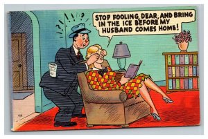 Vintage 1940's Comic Postcard Husband Comes Home Early Wife Has a Boyfriend