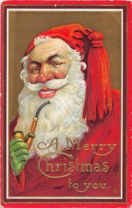 F98/ Santa Claus Christmas Postcard c1910 Green Gloves Smoking Pipe 23