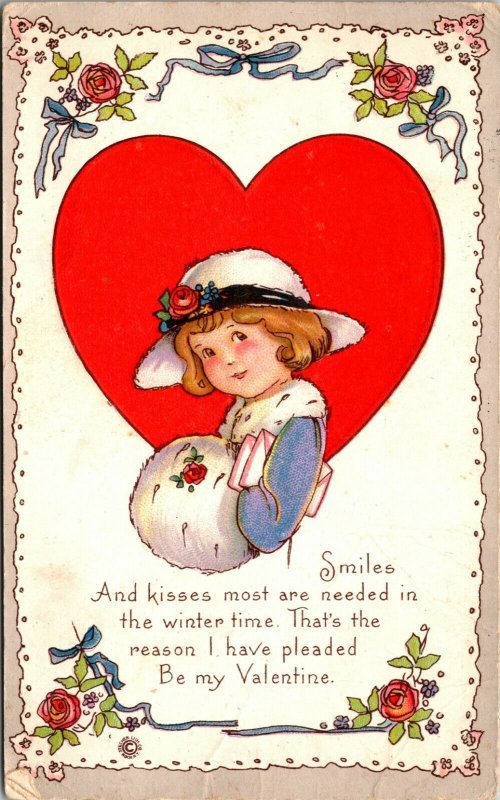 VALENTINE'S DAY Love Holiday Postcard c1910 Series 515 E Girl Muff POSTED