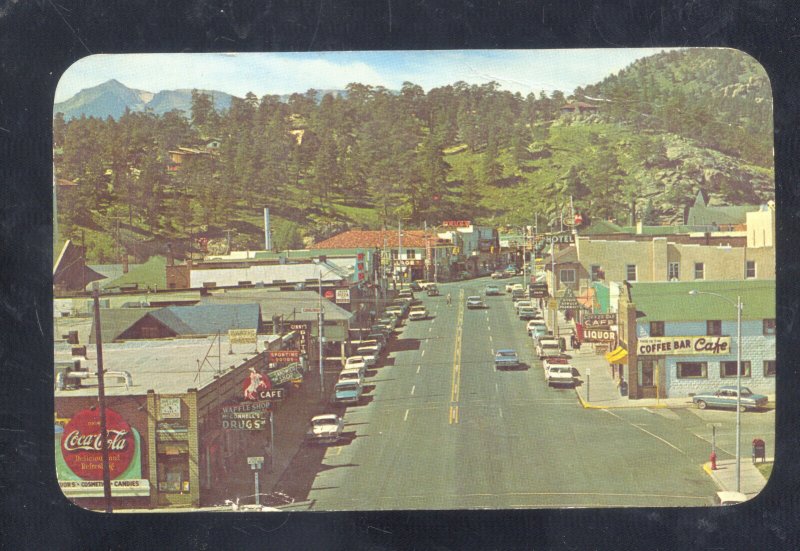 ESTES PARK COLORADO DOWNTOWN ELKHORN AVE. STREET SCENE CARS VINTAGE POSTCARD