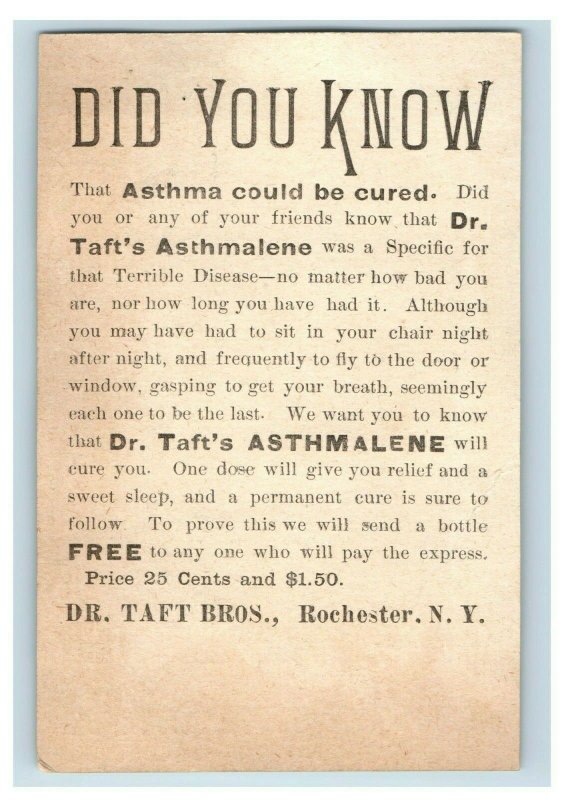 1880's Dr. Taft's Asthmalene Quack Medicine Victorian Trade Card F27