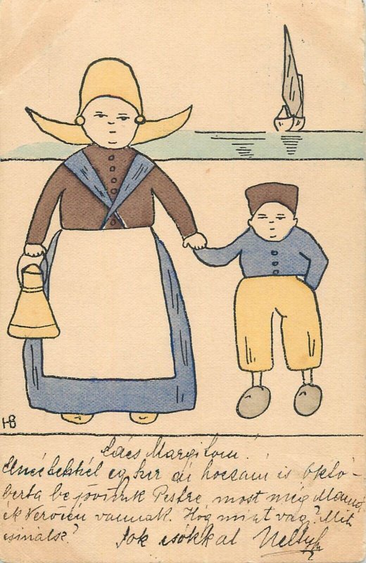Lovely drawn children greetings postcard Netherland costume wood shoe sailship