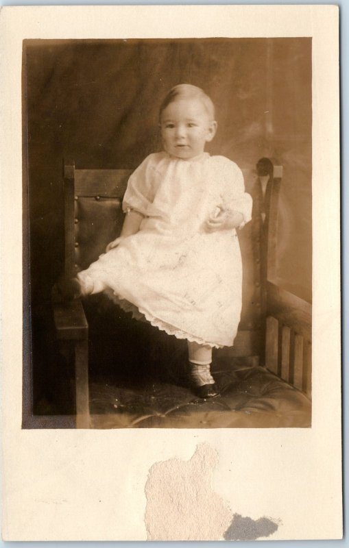 c1910s Cute Baby Portrait RPPC Standing Chair Cute Boy Kicks Real Photo PC A254