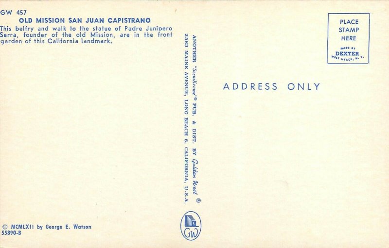 Misson San Juan Capistrano California belfry Padre Junipero Statue CA Postcard