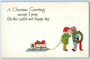 Christmas Postcard Greetings Children Kissing With Wreath Berries Winsch Back