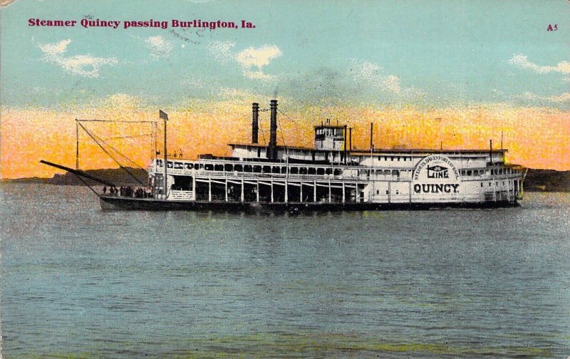 Old Steamboat,Quincy, Burlington, IA,Mississippi River, Msg, Old Post Card