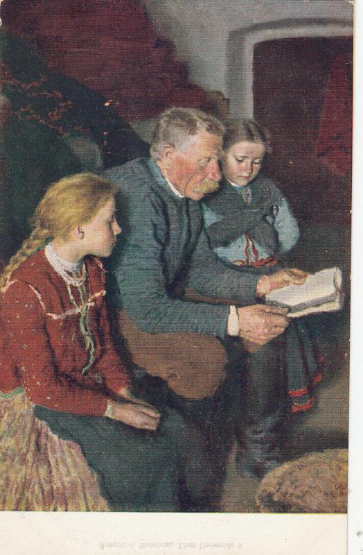 Hungarian types grandfather with grandchildren by Glatz early art postcard