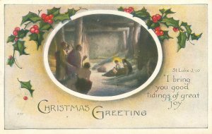 1921 Christmas Postcard Holly, Nativity Insert, Winstead MA Station B Cancel