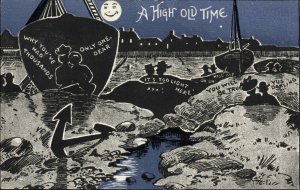 Sailors Comic High Tide Romance Love Moonlight  c1910s Postcard