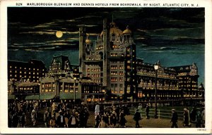 Vtg Atlantic City NJ Marlborough Blenheim & Dennis Hotels at Night Postcard